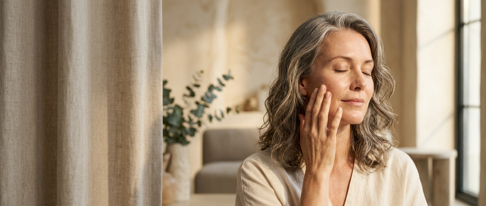 Mature woman gently touching her cheek in soft golden light — anti-aging