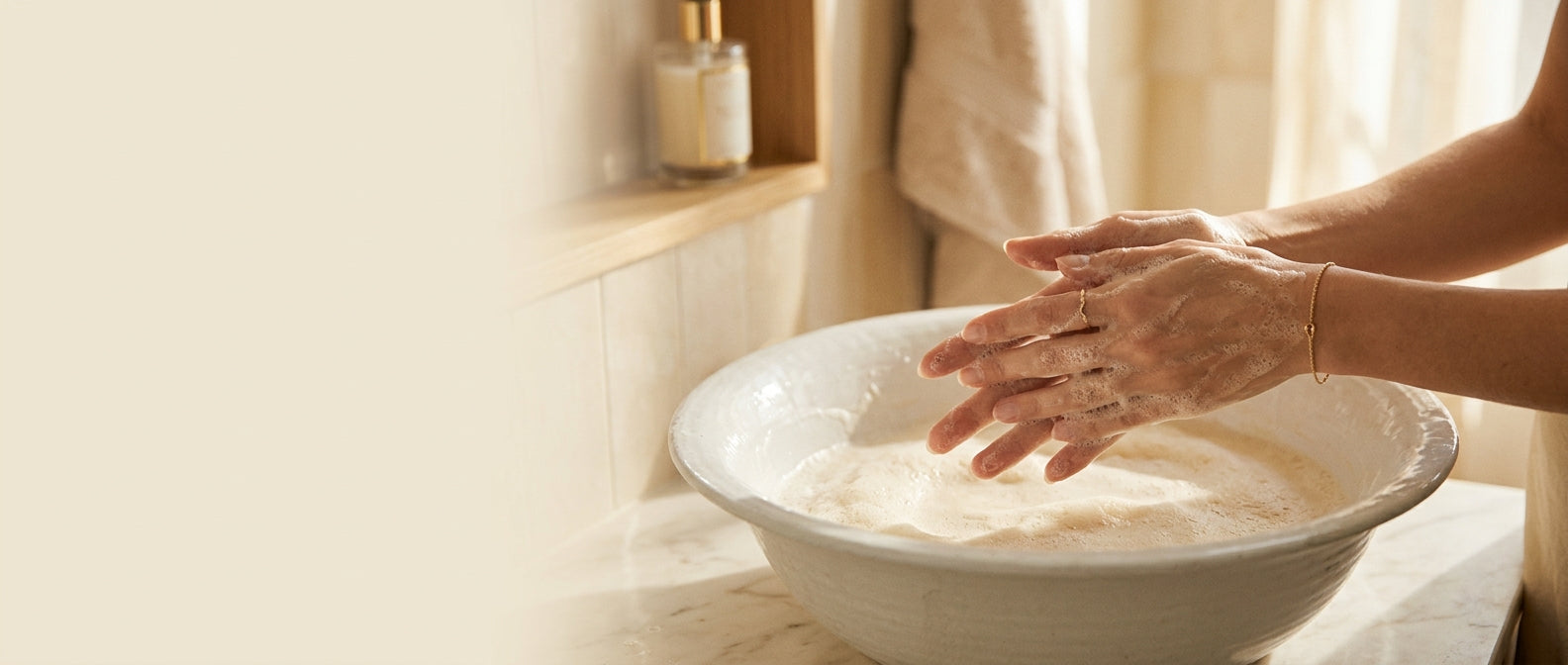 Hands lathering with cream suds over porcelain basin — cleanse