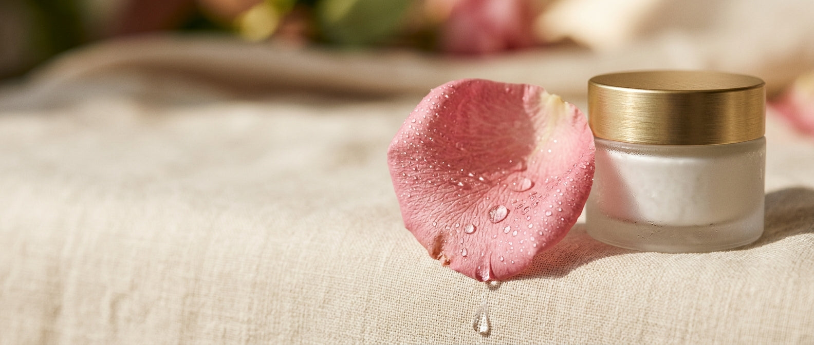 Dewy rose petal with frosted moisturizer jar — dryness and hydration