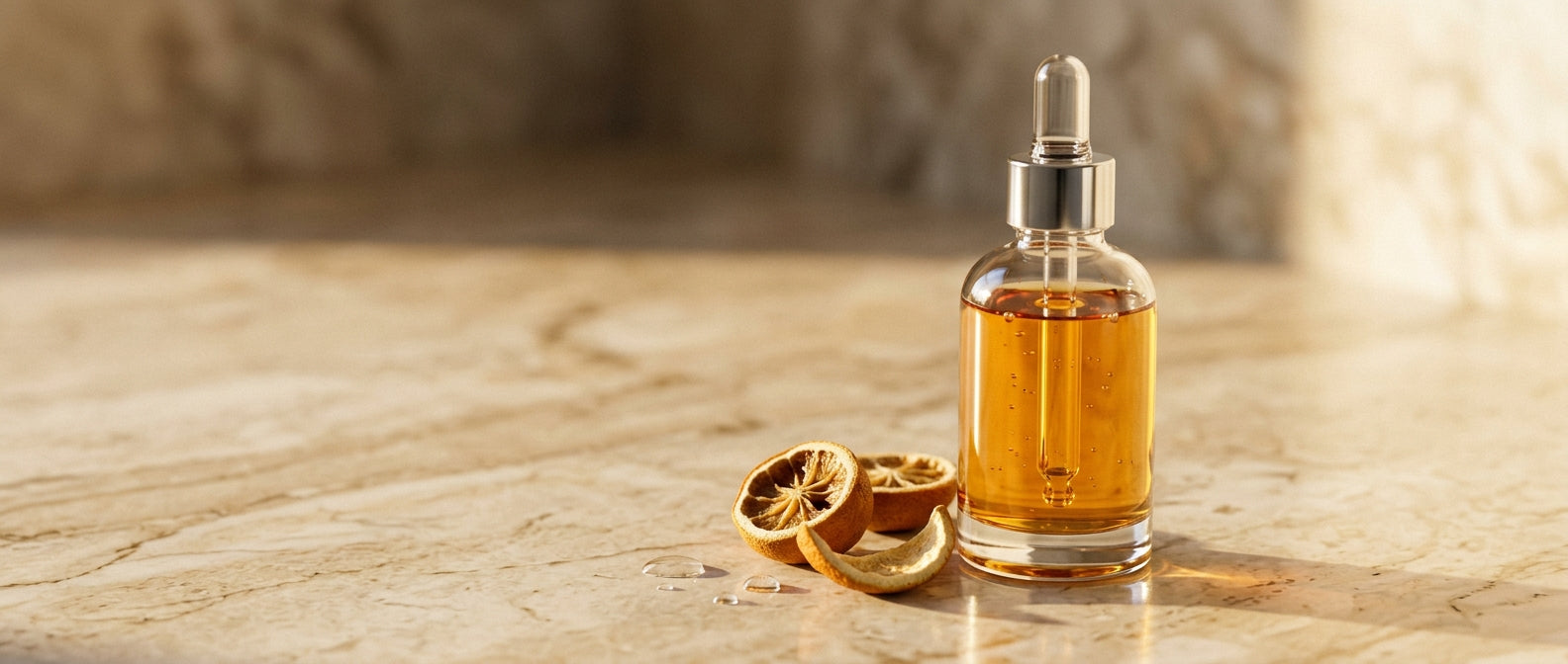 Brightening serum on cream marble with citrus peel — hyperpigmentation