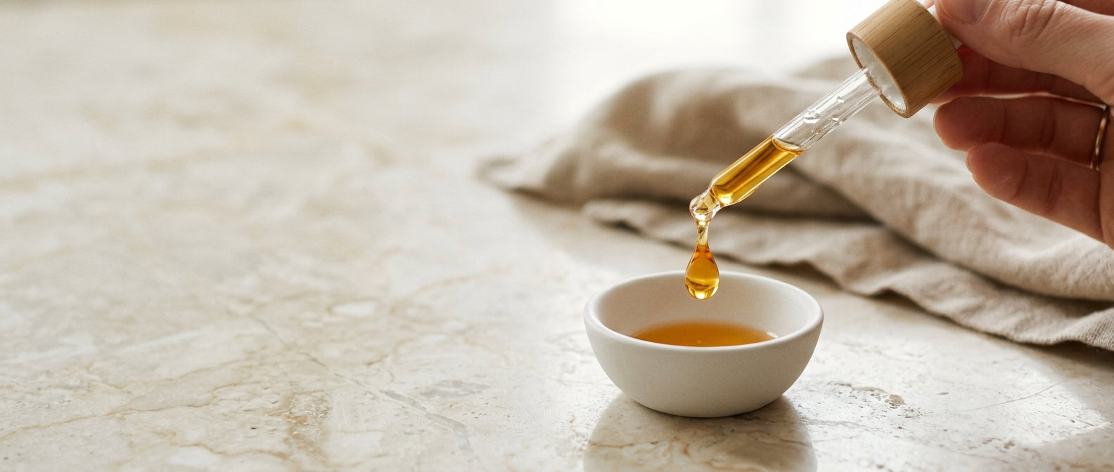 Glass dropper releasing golden serum drop into porcelain dish — treat
